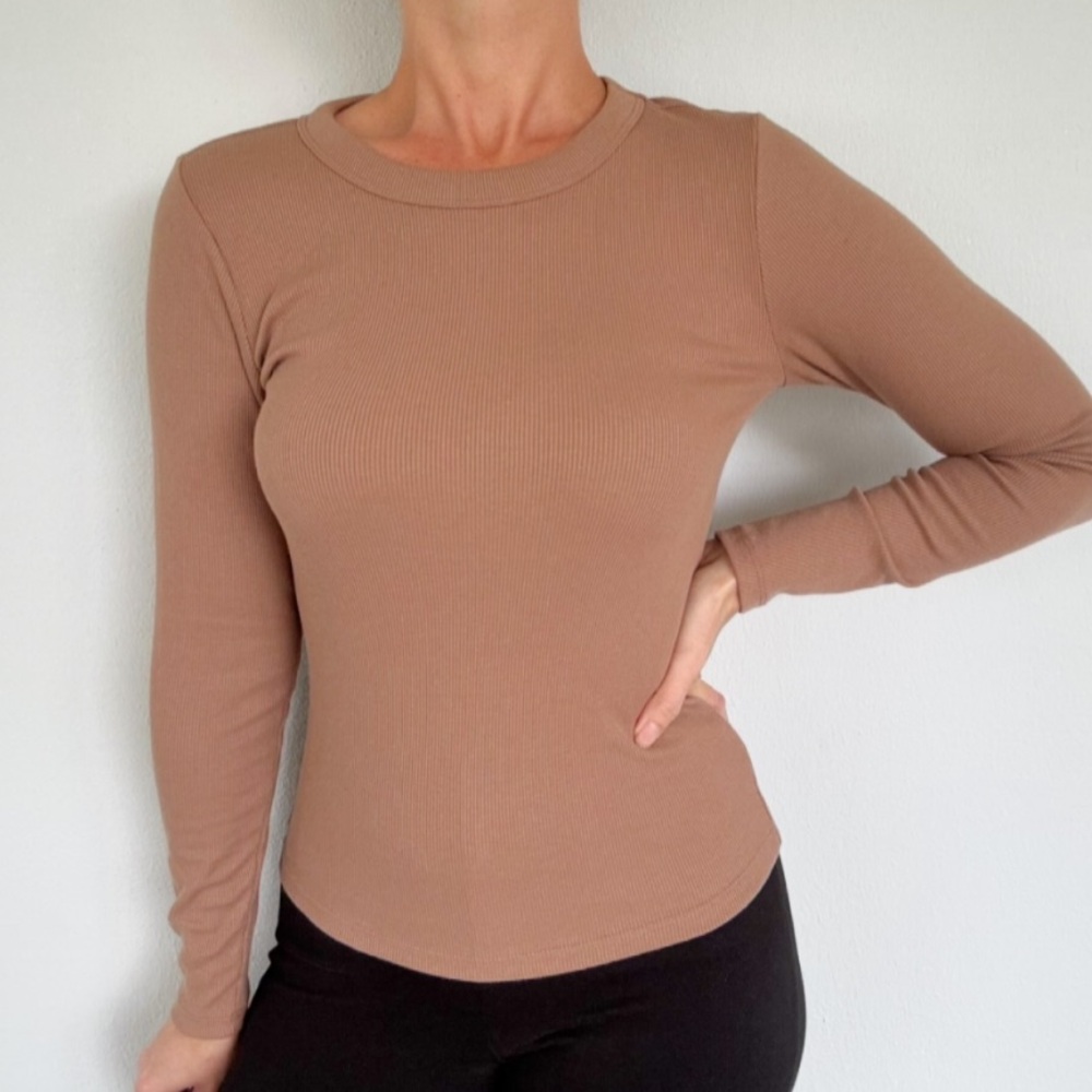 Old Navy Snug tan stretch cotton ribbed knit long sleeve tee size XS